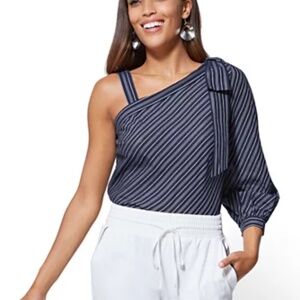 NEW New York & Company One Bow tie shoulder 3/4 Striped Shirt S